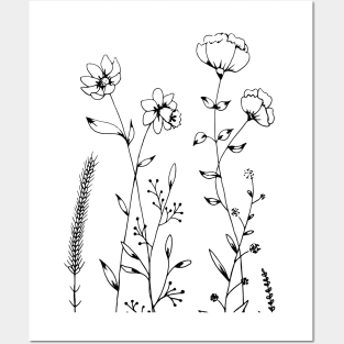 Simple Black and White Flowers and Leaves Design Posters and Art